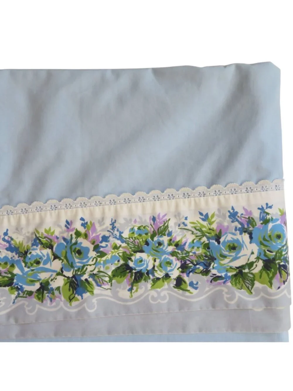 Vintage Cannon Blue Floral Lace Border King Flat Sheet Percale Cottagecore USA